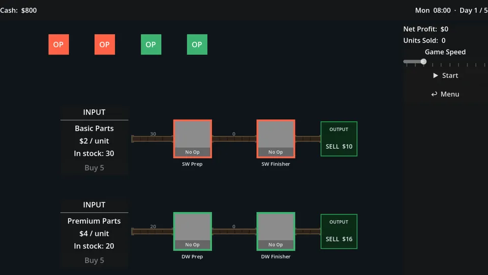 Two color-coded product lines with operators and buy panels.